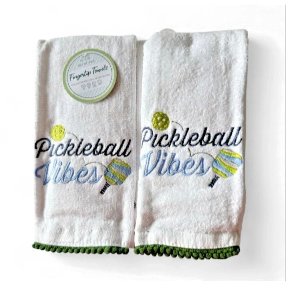 Pickleball Vibes Fingertip Towels Set of 2 Embellished Embroidered Pom-Pom Trim
